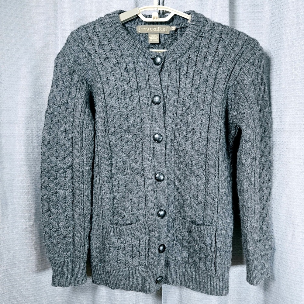 Inis Crafts Ireland 100% Merino Wool Cable Knit Cardigan Gray Womens Medium